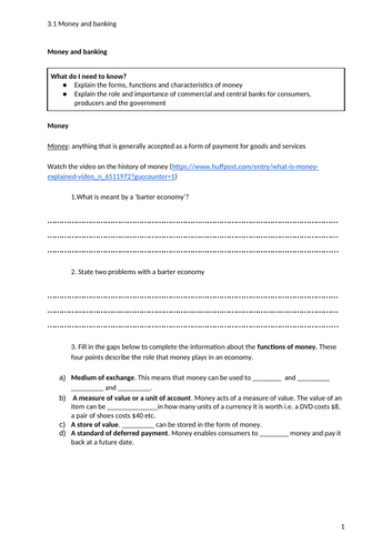 iGCSE Economics. Unit 3. Topic 1: Money and banking