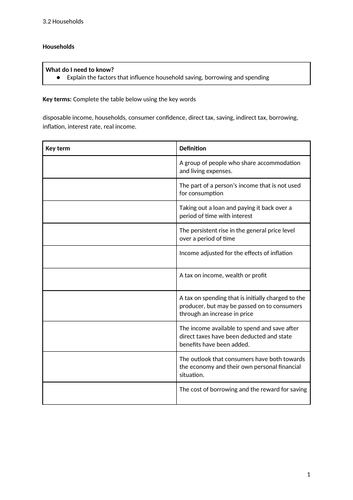 iGCSE Economics. Unit 3. Topic 2: Households