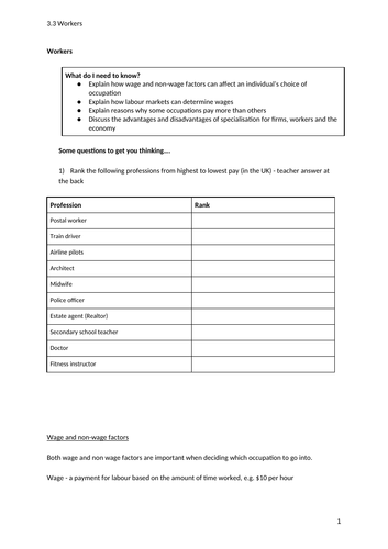 iGCSE Economics. Unit 3: Topic 3: Workers