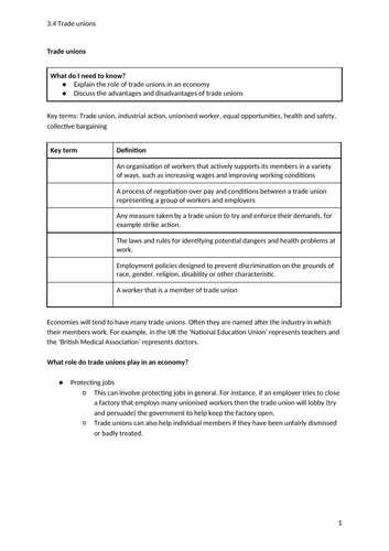 iGCSE Economics. Unit 3. Topic 4: Trade unions