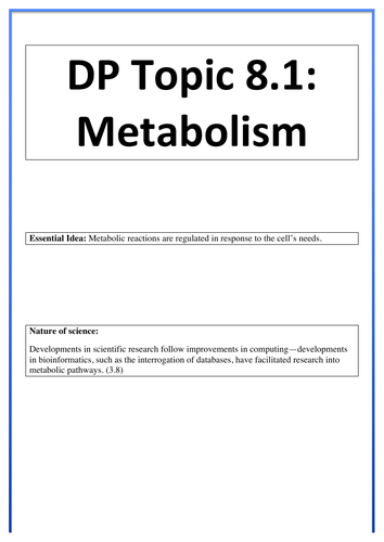 IBDP biology 2016 Topic 8.1 metabolism workbook