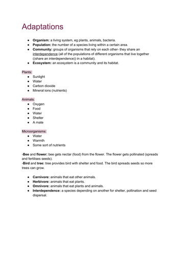 AQA GCSE Biology - Adapatation