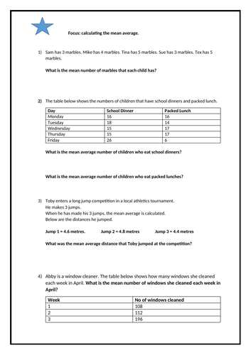 Year 6 - Calculating the Mean Average Problems - Differentiated Task