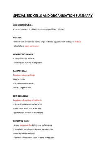 AQA ALEVEL BIOLOGY SPECIALISED CELLS AND ORGANISATION