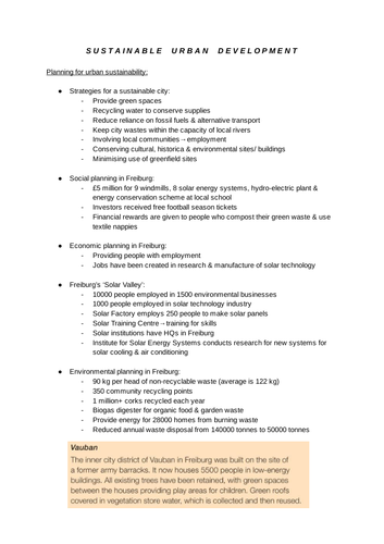 GCSE Geography- Sustainable Urban Development (Human)