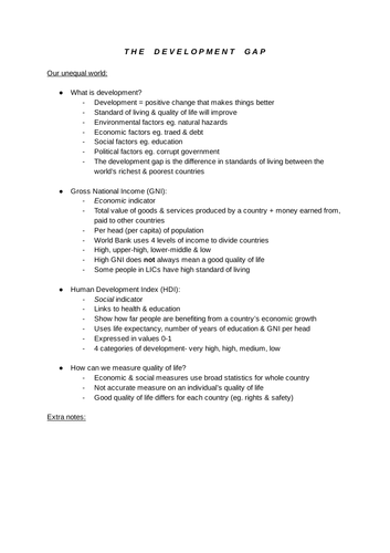 GCSE Geography- The Development Gap (Human)