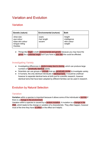 AQA GCSE Biology Variation and Evolution