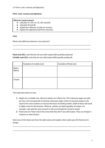 iGCSE Economics. Unit 2. Topic 7: Revenue & costs