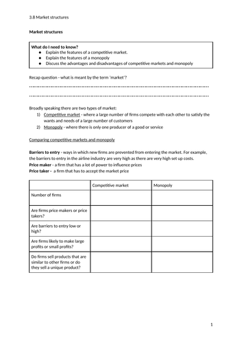 iGCSE Economics. Unit 2. Topic 8: Market structures