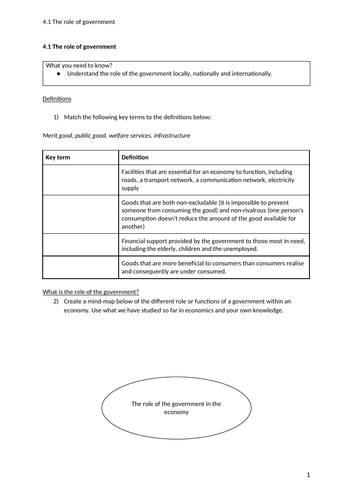 iGCSE Economics. Unit 4. Topic 1: Government