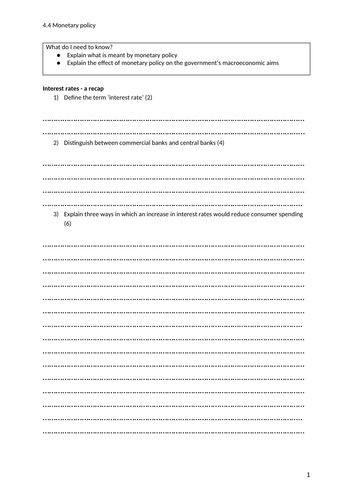 iGCSE Economics. Unit 4. Topic 4: Monetary policy