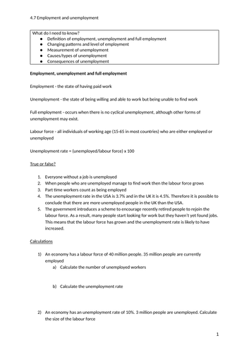 iGCSE Economics. Unit 4. Topic 7: Unemployment