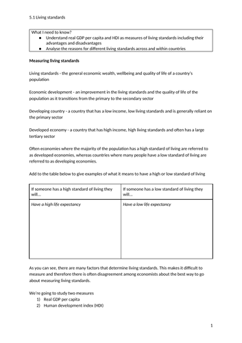 iGCSE Economics. Unit 5. Topic 1: Living standards