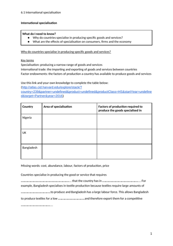 iGCSE Economics. Unit 6. Topic 1: Specialisation