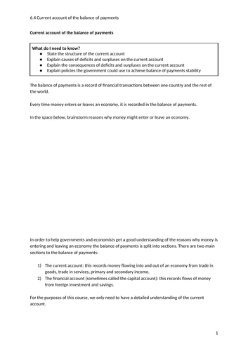 iGCSE Economics. Unit 6. Topic 4: Current account