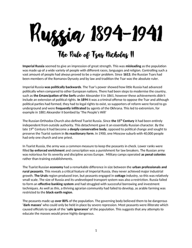 Russia 1894-1941 - A-LEVEL HISTORY- OCR - A* - Complete Revision Notes