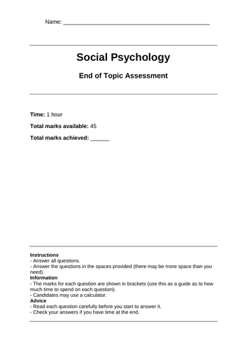 Edexcel Psychology A Level End of Topic Assessments