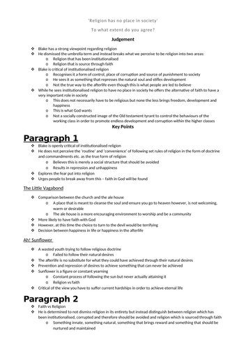 'Religion has no place in society' - Blake essay plan