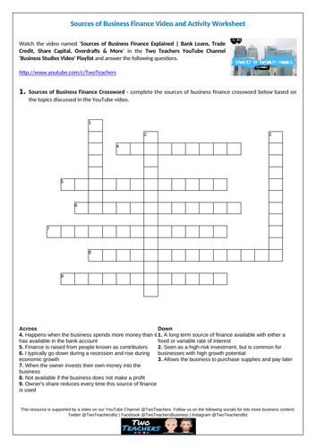 Sources of Business Finance Video and Activity Worksheet