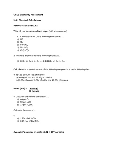 Edexcel chemical calculation test Gd 5-9