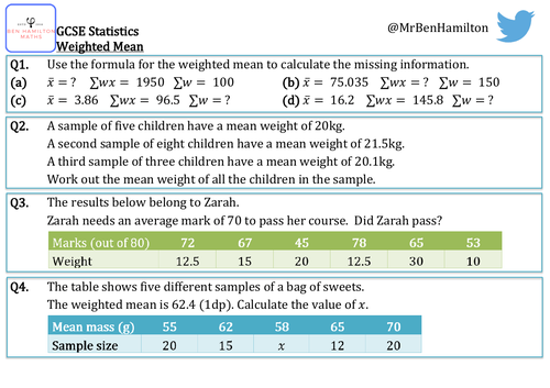 Weighted Mean Gcse Statistics Reasoning Resource Linked With Solving Equations Teaching 9821