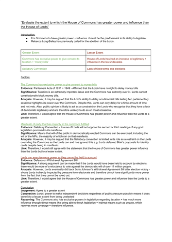 EDEXCEL A LEVEL POLITICS (Essay Plan):  House of Commons + House of Lords