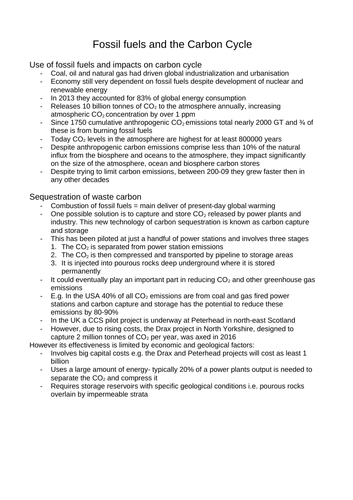 A level OCR geography notes Fossil fuels and carbon cycle