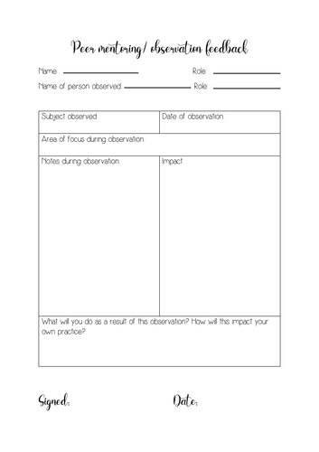 Peer mentoring observation sheet