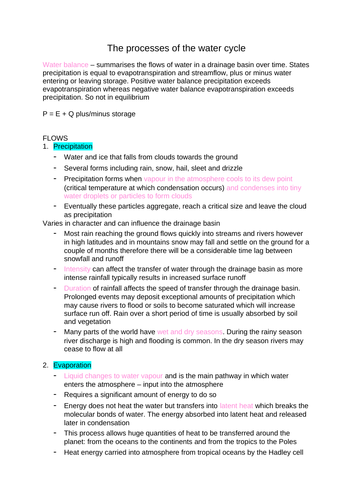 A level OCR processes of the water cycle