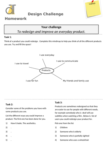 Design and Technology homelearning extended homework
