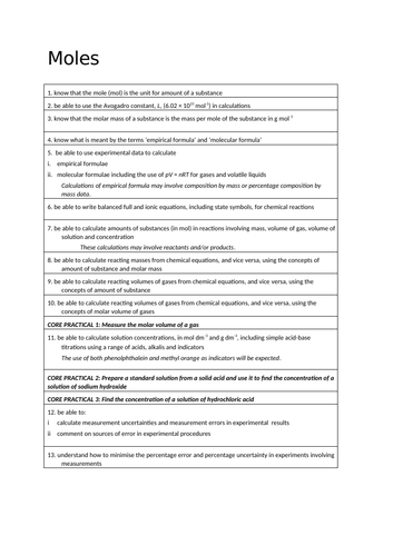CONCISE A* A Level Chemistry Edexcel Chapter 5 Notes (Moles Calculations)