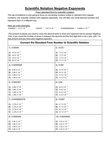 Scientific Notation Negative Exponents - Standard Form to SN (With Answers)