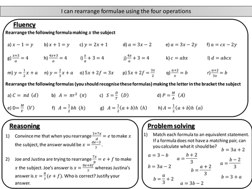 Rearranging formulae / changing the subject (no powers involved) - mastery worksheet