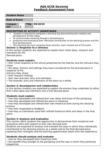 AQA Drama Portfolio Assessment Form