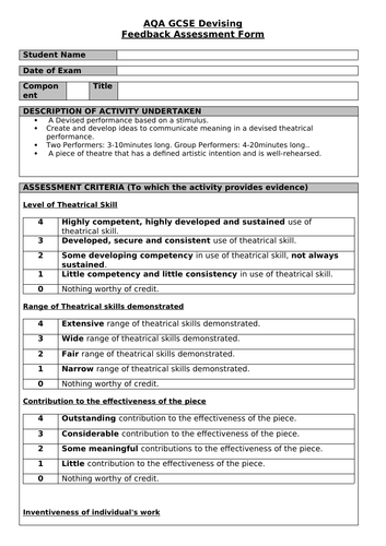 AQA Devising Drama Practical Assessment Form