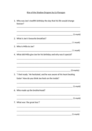 Rise of the Shadow Dragons by Liz Flanagan reading comprehension questions with suggested answers