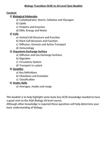 Biology Transition GCSE to A Level Booklet | Teaching Resources
