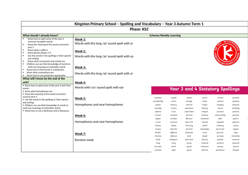 Year 3 Spelling and Vocabulary Knowledge Organisers