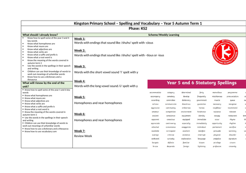 Year 5 Spelling and Vocabulary Knowledge Organisers