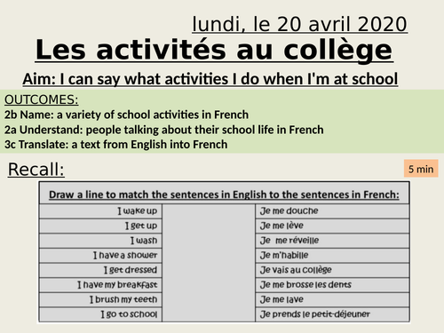 Au collège - School activities - y7 French | Teaching Resources