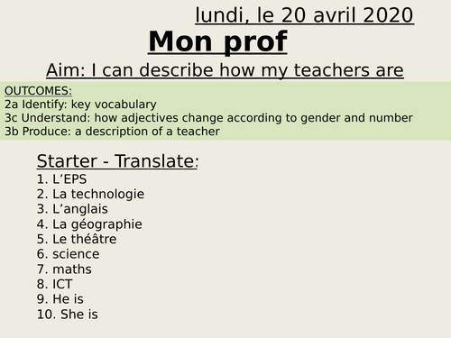 Mon prof - my teacher - y7 French