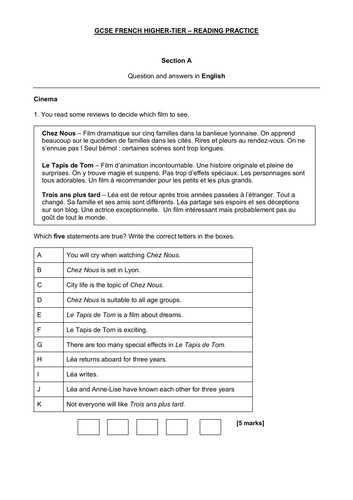 GSCE FRENCH HT READING EXAM AQA STYLE