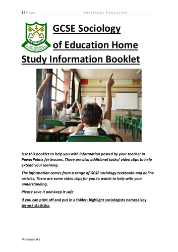 GCSE sociology of  education information booklet