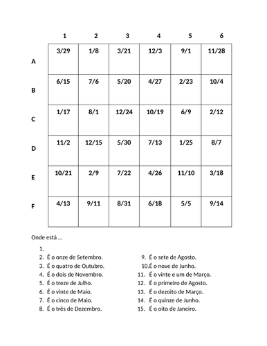 Data (Date in Portuguese) Find it Worksheet Distance Learning