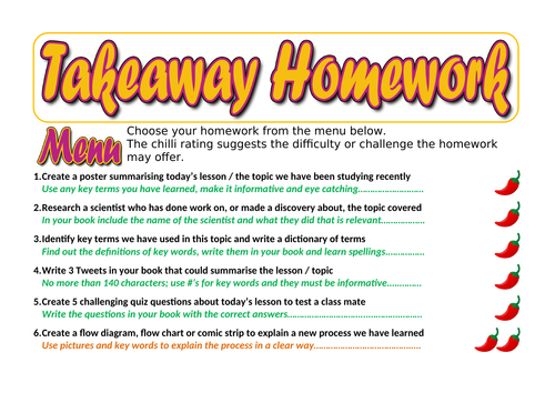 Homework Take away menu - suitable for all subjects