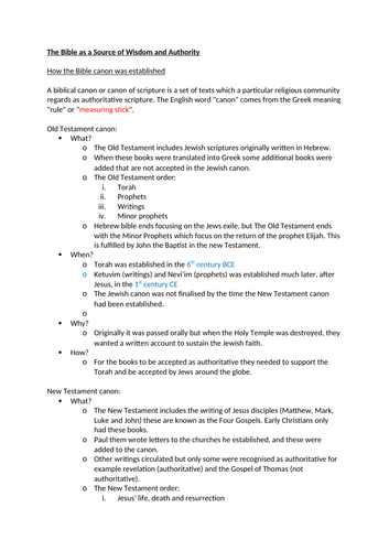 EDUQAS/WJEC A Level Christianity Theme 1D Bible as a Source of Wisdom and Authority Summary Sheet