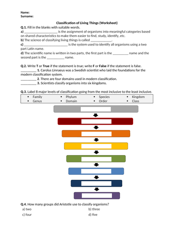 Classification of Living Things - Worksheet | Printable and Distance ...