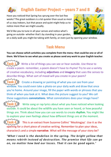 KS3 - Easter / Spring Creative Descriptive Sensory Writing Task Challenges
