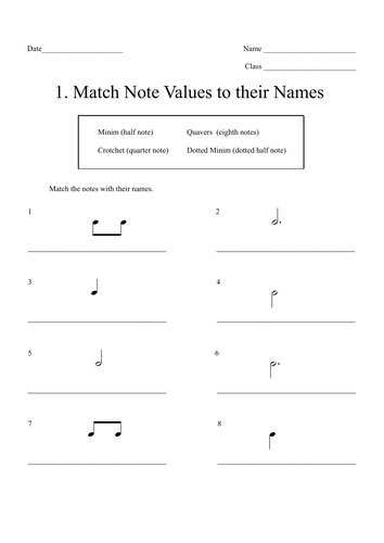 Music note value worksheets