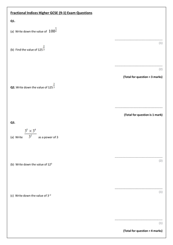 GCSE (9-1) Fractional Indices Exam Pack